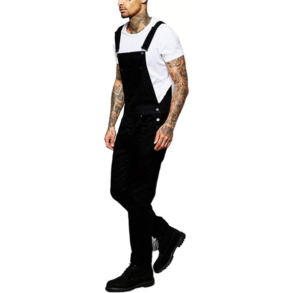 Jeans Jumpsuits Distressed Denim Bib Overalls for Men Black Suspender Pants, M